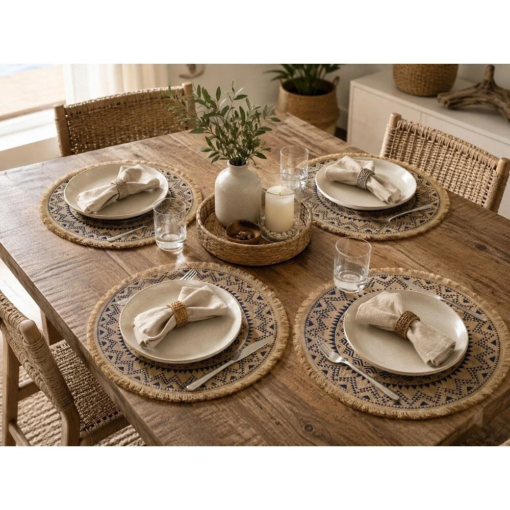 NWOT Boho Round Jute Placemats Navy Blue Mandala Fringed Set of 4 Thanksgiving